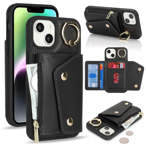 Lipvina für iPhone 14/13 Hülle mit Kartenhalter Handyhülle mit Schlüsselanhänger Hülle geldbörse Leder Reißverschluss für Herren und Damen - Schwarzer von Lipvina