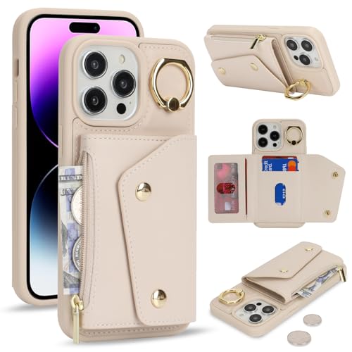 Lipvina für iPhone 14 Pro Max Hülle mit Kartenhalter Handyhülle mit Schlüsselanhänger Hülle geldbörse Leder Reißverschluss für Herren und Damen - Aprikose von Lipvina