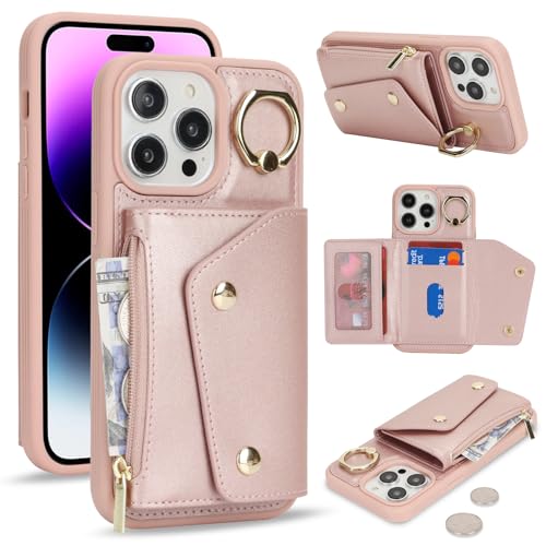 Lipvina für iPhone 14 Pro Max Hülle mit Kartenhalter Handyhülle mit Schlüsselanhänger Hülle geldbörse Leder Reißverschluss für Herren und Damen - Roségold von Lipvina