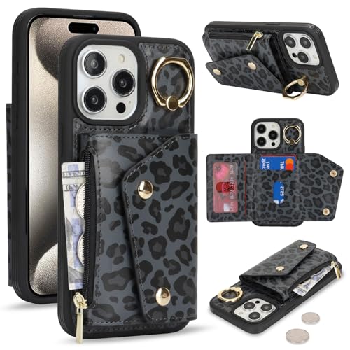 Lipvina für iPhone 15 Pro Max Hülle mit Kartenhalter Handyhülle mit Schlüsselanhänger Hülle geldbörse Leder Reißverschluss für Herren und Damen - Schwarzer Leopard von Lipvina