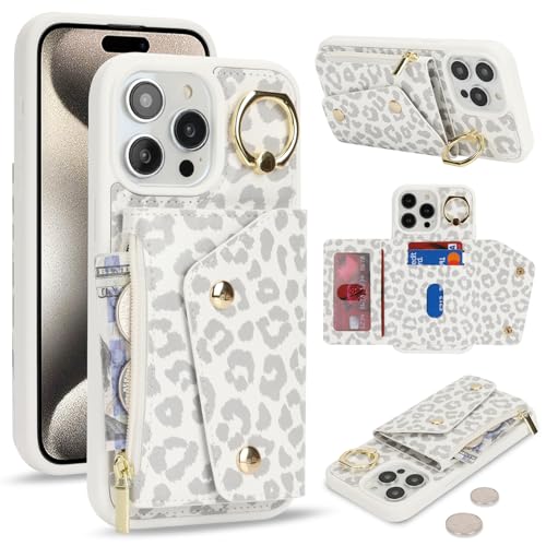 Lipvina für iPhone 15 Pro Max Hülle mit Kartenhalter Handyhülle mit Schlüsselanhänger Hülle geldbörse Leder Reißverschluss für Herren und Damen - Weißer Leopard Lipvina für iPhone 15 Pro Max Hülle mit Kartenhalter Handyhülle mit Schlüsselanhänger Hülle geldbörse Leder Reißverschluss für Herren und Damen - Weißer Leopard von Lipvina