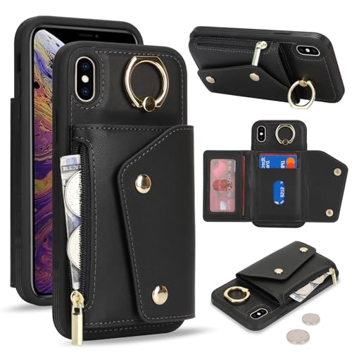 Lipvina für iPhone XS Max Hülle mit Kartenhalter Handyhülle mit Schlüsselanhänger Hülle geldbörse Leder Reißverschluss für Herren und Damen - Schwarzer von Lipvina