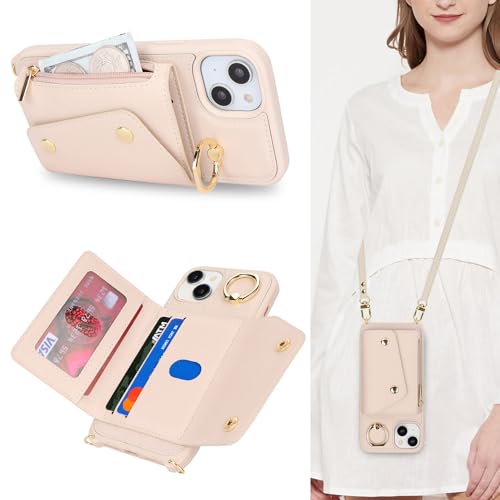 Lipvina iPhone 13/14 Hülle mit Band RFID Kartenhalter handyhülle iPhone 13/14 mit Reißverschluss Band Ring Ständer Case für Frauen - weiß von Lipvina