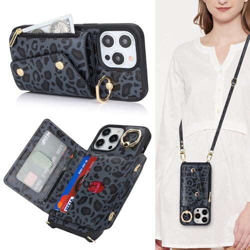 Lipvina iPhone 15 Pro Max Hülle mit Band RFID Kartenhalter handyhülle iPhone 15 Pro Max mit Reißverschluss Band Ring Ständer Case für Frauen - Schwarzer Leopardenprint von Lipvina