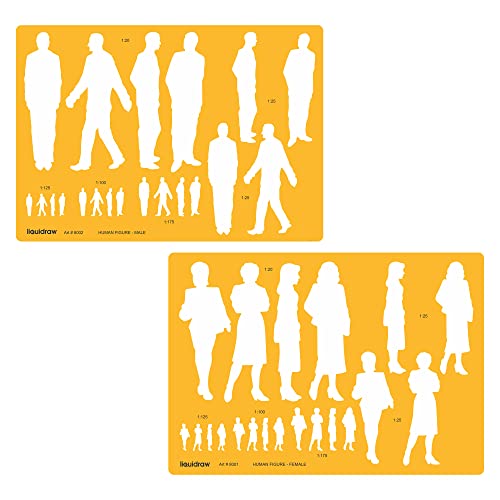 Liquidraw Zeichenschablone für männliche und weibliche Figuren, Modell für Modedesign, Kunst und Symbole, Maßstäbe 1:20, 1:25, 1:75, 1:100, 1:125 von Liquidraw