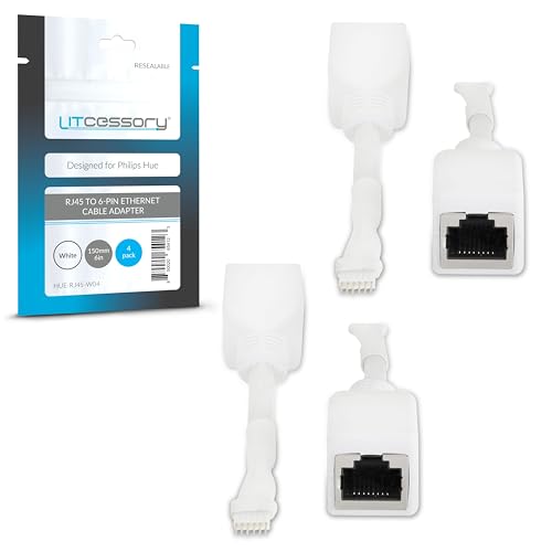 Litcessory RJ45 auf 6-Polig Ethernet-Adapter für Philips Hue Lightstrip Plus (4 Stück - Zwei Paare, Weiß - MIKRO 6-POLIG V4) von Litcessory