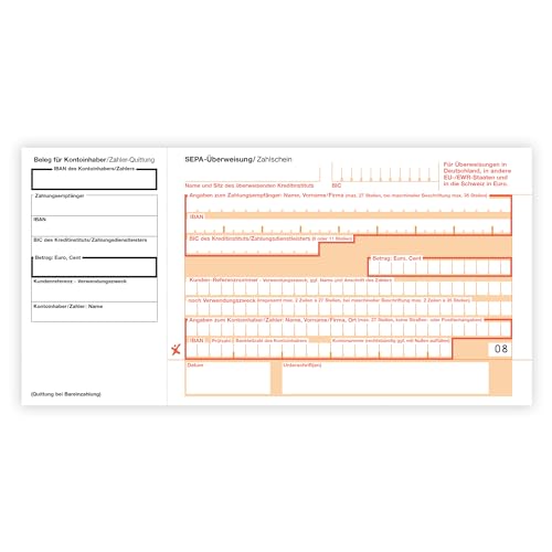 Litfax – SEPA Überweisung Zahlschein, Format: Din lang, ohne Durchschlag, mit Quittung links, SEPA-Zahlscheine Bankformulare (100 Stück) von Litfax