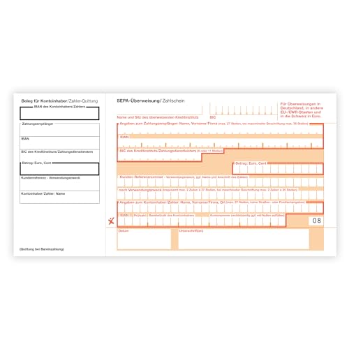 Litfax – SEPA Überweisung Zahlschein, Format: Din lang, ohne Durchschlag, mit Quittung links, SEPA-Zahlscheine Bankformulare (1000 Stück) von Litfax