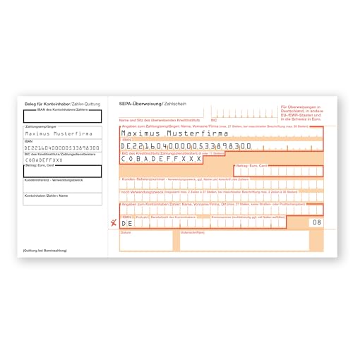 Litfax SEPA-Überweisung Zahlschein mit personalisiertem Überweisungsvordruck, 1000 Stück – DIN LANG mit Quittungs-Talon, 1-fach, bedruckt mit Wunschtext - Bankneutral in Deutschland von Litfax