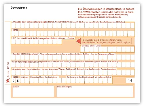 Litfax SEPA Überweisungsträger, 100 Stück - DIN A6, 1-fach ohne Durchschlag, einzeln 90g Beleglesepapier - Bankneutral für Überweisungen in Deutschland von Litfax