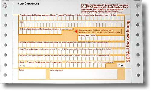 Litfax SEPA Überweisungsträger, 100 Stück - DIN A6, 2-fach mit Durchschlag, beidseitigem Führungslochrand, selbstdurchschreibend - Bankneutral für Überweisungen in Deutschland von Litfax