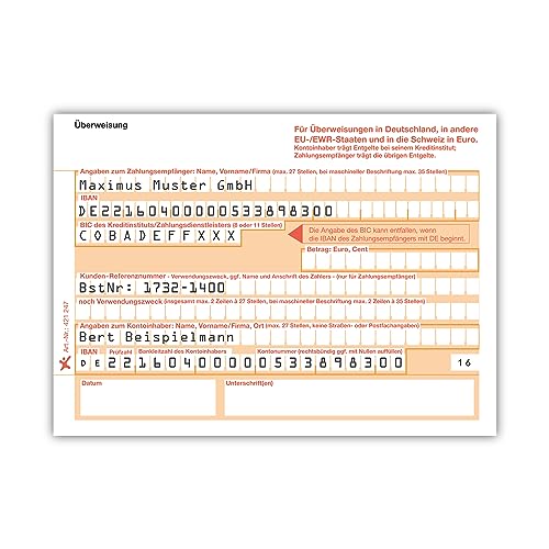 Litfax SEPA Überweisungsträger mit personalisiertem Überweisungsvordruck, 100 Stück - DIN A6, 1-fach ohne Durchschlag, 90g Beleglesepapier - Bankneutral in Deutschland von Litfax