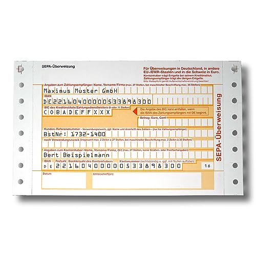 Litfax SEPA Überweisungsträger mit personalisiertem Überweisungsvordruck, 100 Stück - DIN A6, 2-fach mit Durchschlag, beidseitigem Führungslochrand, selbstdurchschreibend - Bankneutral in Deutschland von Litfax
