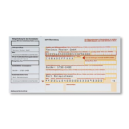 Litfax SEPA Überweisungsträger mit personalisiertem Überweisungsvordruck, 100 Stück – DIN LANG mit Quittungs-Talon, 1-fach ohne Durchschlag, Leicht zu trennen - Bankneutral in Deutschland von Litfax