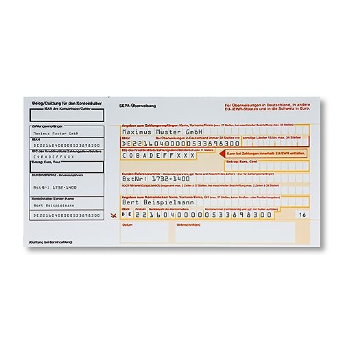 Litfax SEPA Überweisungsträger mit personalisiertem Überweisungsvordruck, 300 Stück – DIN LANG mit Quittungs-Talon, 1-fach ohne Durchschlag, Leicht zu trennen - Bankneutral in Deutschland von Litfax