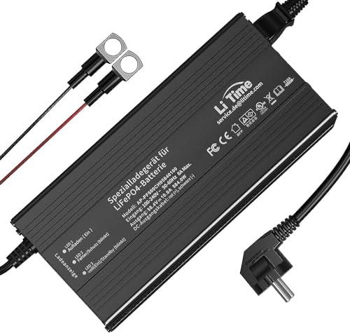 LiTime 58,4V 10A LiFePO4 Batterieladegerät mit intelligenter 0V-Ladefunktion, AC-DC LiFePO4 Batterieladegerät Lithium Batterieladegerät mit Kabelschuhen und Kühlgebläse für 51,2V LiFePO4 Akku von Litime