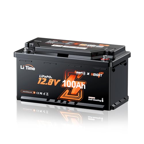 LiTime LiFePO4 12V 100Ah Bluetooth Lithium Batterie für Wohnmobil (DIN H8 L5 Größe), 15000 Zyklen, 200A Akku BMS, 2C Entladung, Smart Heizung, IP65 Wasserdichtheit und Kälteschutz von Litime