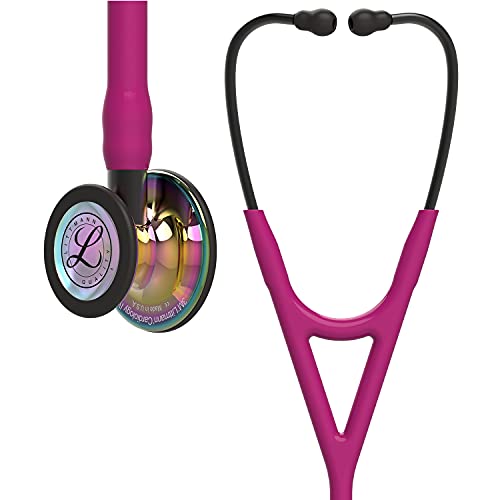 3M Littmann Cardiology IV Stethoskop für die Diagnose, hochglänzendes, regenbogenfarbenes Bruststück, himbeerroter Schlauch, Schlauchanschluss und Ohrbügel in Rauchfarben, 69 cm, 6241 von Littmann