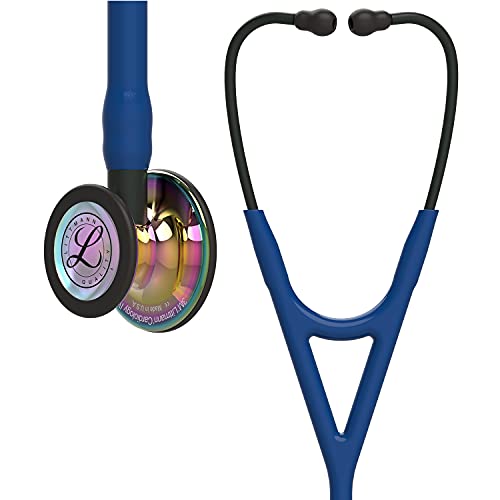 3M Littmann Cardiology IV Stethoskop für die Diagnose, hochglänzendes, regenbogenfarbenes Bruststück, marineblauer Schlauch, Schlauchanschluss und Ohrbügel in Schwarz, 69 cm, 6242 von Littmann