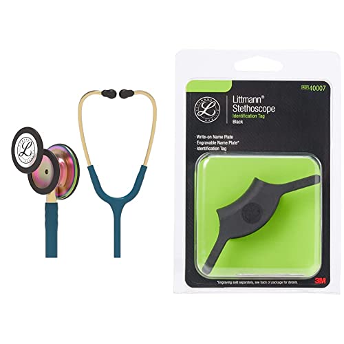 3M Littmann Classic III Stethoskop zur Überwachung, regenbogenfarbenes Bruststück, karibikblauer Schlauch, 69 cm, 5807 & 3M Littmann Stethoskop-Namensschild, Schwarz, 40007 von 3M Littmann