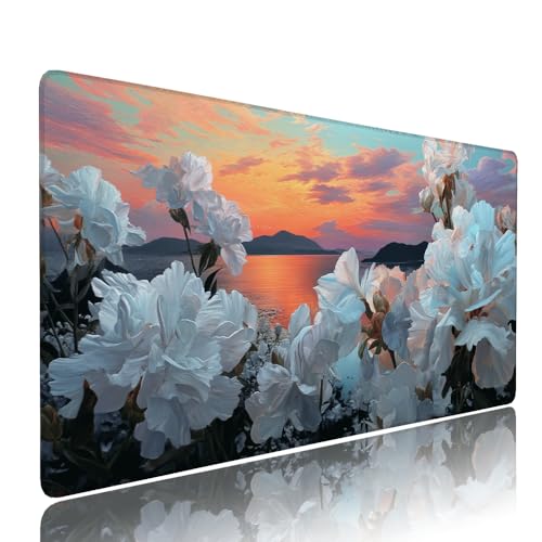 Gaming Mauspad XXL 600x300x3mm Weiß Blume Mousepad Groß Desk mat, üro Zubehör Unterlage Schreibtisch WassXerdicht mit Vernähten Kanten und rutschfeste Gummibasis, für Laptop PC, Home oder Office d-22 von Liutuedy