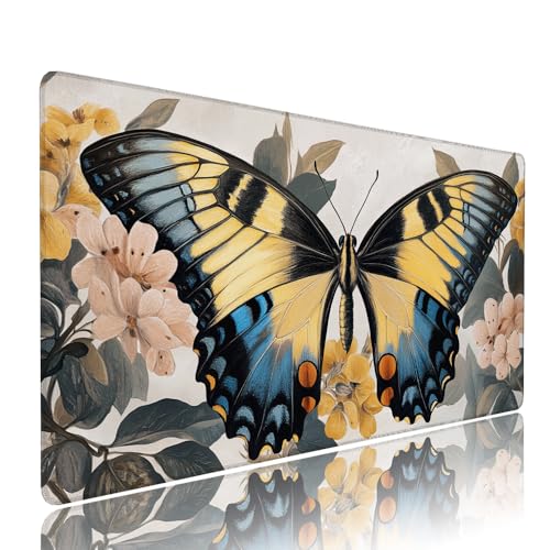 Gelb Schmetterling Schreibtischunterlage Mousepad XXL Gaming Mauspad Büro Zubehör Klein Mouse Pad Pc Desk Mat, WassXerdicht Anti-Rutsch Gummibasis Vernähte Kanten 900x500x3mm für Home Office d-580 von Liutuedy