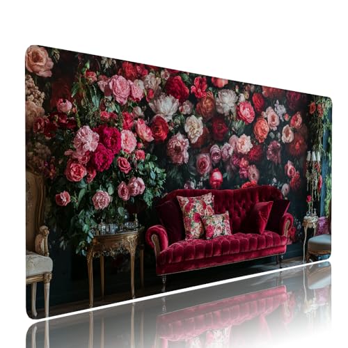 Rot Blume Schreibtischunterlage Mousepad xxl Gaming Mauspad Büro Zubehör Klein Mouse Pad Pc Desk Mat Groß,Anti-Rutsch Gummibasis Vernähte Kanten 1400x600x3mm Schreibtisch Schutz, für Home Office d-533 von Liutuedy