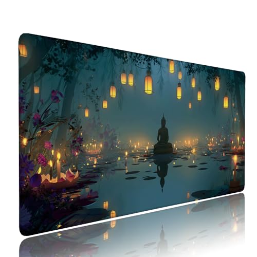Schwarz Buddha-Statuen Schreibtischunterlage Mousepad xxl Gaming Mauspad Büro Zubehör Klein Mouse Pad Pc Desk Mat,WassXerdicht Anti-Rutsch Gummibasis Vernähte Kanten 1400x600x3mm für Home Office d-339 von Liutuedy