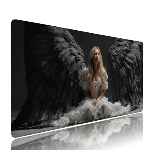 Schwarz Engel Schreibtischunterlage Mousepad XXL Gaming Mauspad Büro Zubehör Klein Mouse Pad Pc Desk Mat Groß, WassXerdicht Anti-Rutsch Gummibasis Vernähte Kanten 1400x600x3mm für Home Office d-471 von Liutuedy
