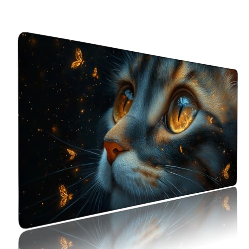 Schwarz Katze Schreibtischunterlage Mousepad XXL Gaming Mauspad Büro Zubehör Klein Mouse Pad Pc Desk Mat Groß, WassXerdicht Anti-Rutsch Gummibasis Vernähte Kanten 1400x600x3mm für Home Office d-427 von Liutuedy
