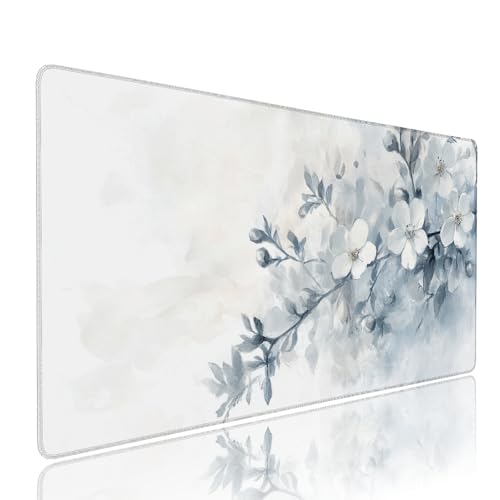 Weiß Blume Schreibtischunterlage Mousepad xxl Gaming Mauspad Büro Zubehör Klein Mouse Pad Pc Desk Mat Groß, Anti-Rutsch Gummibasis Vernähte Kanten 700x300x3mm Schreibtisch Schutz, für Home Office d-25 von Liutuedy