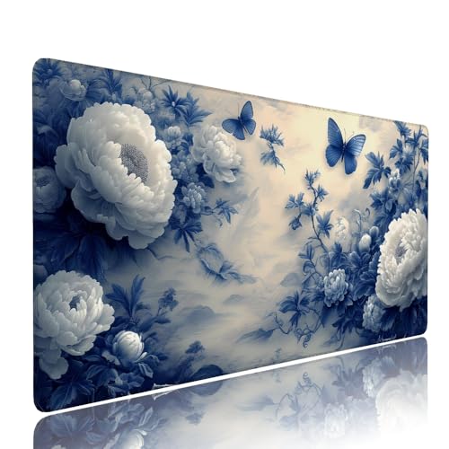 Weiß Blume Schreibtischunterlage Mousepad xxl Gaming Mauspad Büro Zubehör Klein Mouse Pad Pc Desk Mat Groß, Anti-Rutsch Gummibasis Vernähte Kanten 700x300x3mm Schreibtisch Schutz, für Home Office d-21 von Liutuedy
