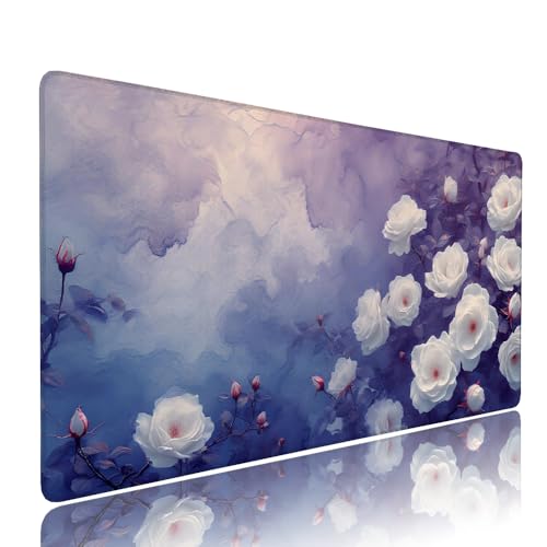 Weiß Blume Schreibtischunterlage Mousepad xxl Gaming Mauspad Büro Zubehör Klein Mouse Pad Pc Desk Mat Groß,Anti-Rutsch Gummibasis Vernähte Kanten 1000x500x3mm Schreibtisch Schutz, für Home Office d-23 von Liutuedy