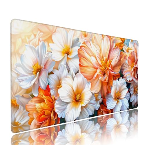 Weiß Blume Schreibtischunterlage Mousepad xxl Gaming Mauspad Büro Zubehör Klein Mouse Pad Pc Desk Mat Groß,Anti-Rutsch Gummibasis Vernähte Kanten 1400x600x3mm Schreibtisch Schutz, für Home Office d-18 von Liutuedy