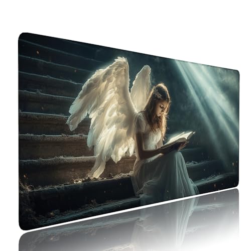 Weiß Engel Schreibtischunterlage Mousepad xxl Gaming Mauspad Büro Zubehör Klein Mouse Pad Pc Desk Mat Groß, Anti-Rutsch Gummibasis Vernähte Kanten 900x500x3mm Schreibtisch Schutz, für Home Office d-65 von Liutuedy