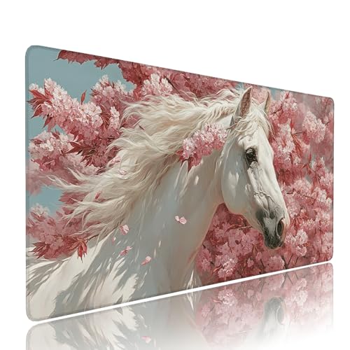 Weiß Pferd Schreibtischunterlage Mousepad xxl Gaming Mauspad Büro Zubehör Klein Mouse Pad Pc Desk Mat Groß, Anti-Rutsch Gummibasis Vernähte Kanten 700x300x3mm Schreibtisch Schutz, für Home Office d-35 von Liutuedy