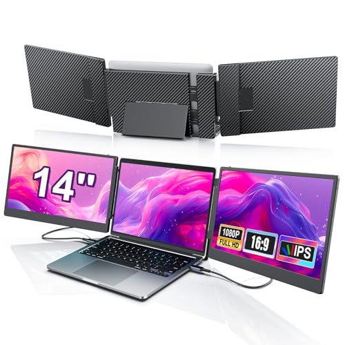 LivElect 14'' Triple Laptop Screen Extender, 1080P FHD Portable Monitor für Laptop, Laptop Bildschirm Erweiterung, Plug-Play, Dual Tragbarer Monitor für Mac/Windows/Chrom (Eingebaute Lautsprecher) von LivElect
