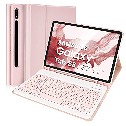 Lively Life Tastaturhülle für Samsung Galaxy Tab S8 (SM-X700/X706 2022), Tab S7 (SM-T870/T875/T876 2020) 11 Zoll Tablet, UK-Layout, magnetische abnehmbare Tastatur mit schlanker PU-Hülle , Rosa von Lively Life