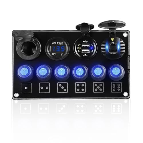 Geloo 12V 24V 6Gang Schalttafel, Wasserdichte Kippschaltertafel mit Dual USB QC3.0 Schnellladegerät PD Typ C, Zigarettenanzünderbuchse und LED Digital Voltmeter für Auto, Boot, Wohnwagen, LKW Geloo 12V 24V 6Gang Schalttafel, Wasserdichte Kippschaltertafel mit Dual USB QC3.0 Schnellladegerät PD Typ C, Zigarettenanzünderbuchse und LED Digital Voltmeter für Auto, Boot, Wohnwagen, LKW von Liwogi