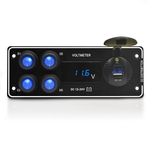 Geloo Schalter Panel, 12V 24V Kippschalter mit QC3.0 USB-Schnellladegerät PD Typ C und LED-Digital-Voltmeter Wippschalter für Auto, Boot, Wohnwagen, LKW Geloo Schalter Panel, 12V 24V Kippschalter mit QC3.0 USB-Schnellladegerät PD Typ C und LED-Digital-Voltmeter Wippschalter für Auto, Boot, Wohnwagen, LKW von Liwogi