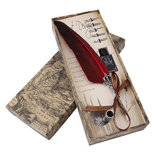 Federkiel Vintage Carving Feather Pen Set Feather Quill Ink Dip Pen Kalligraphie-Schreibstift für Studentenoffizier Briefpapier Geschenkbox mit 5 Federn(rot) von Liyeehao