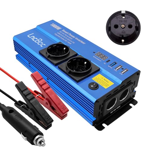 LncBoc Spannungswandler 12v 230v Wechselrichter 1000 Watt Inverter Konverter Mit Ladegerät Zigarettenanzünder + 2 EU Steckdose + 4 USB Ports (1 QC3.0 Schnellladegerät,1 PD, 2 USB Ports 2.4 A) von LncBoc
