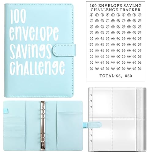 LoHxa Budget Planner,100 Envelope Challenge Binder Haushaltsbuch A5 Planner PVC Umschläge Bargeldfüllung PU Leder Budget Binder Money Saving Challenge Binder Bargeld Budget Notizbuch(Blau) von LoHxa