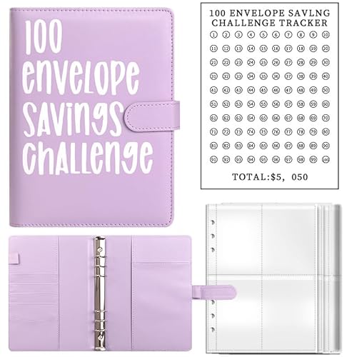 LoHxa Budget Planner,100 Envelope Challenge Binder Haushaltsbuch A5 Planner PVC Umschläge Bargeldfüllung PU Leder Budget Binder Money Saving Challenge Binder Bargeld Budget Notizbuch(Violett) von LoHxa