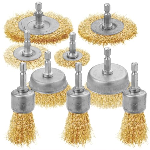 9-teilig Drahtbürste Bohrmaschine Set mit 6 mm Sechskantstange, Messingbürste, Stahlbürste Akkuschrauber, für Schleifen, Polieren, Reinigen und Vibrationsdämpfen, aEntrosten Entgraten von LoNinLoAn