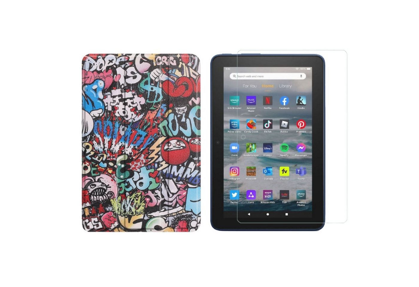 Lobwerk Tablet-Hülle 2in1 Set (Hülle + Glas) für Amazon Kindle Fire 7 12. Generation 2022 7, Wake & Sleep Funktion, Sturzdämpfung, Aufstellfunktion von Lobwerk