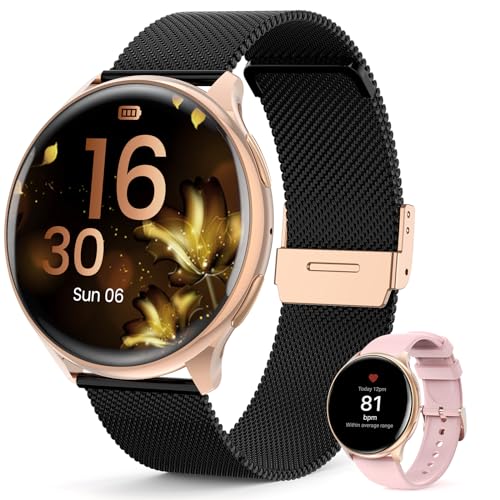 Loekneue Smartwatch Damen Rund mit Telefonfunktion 1,39'' HD Touchscreen Uhr mit /SpO2/Menstruationszyklus/Schlafmonitor/IP68 Wasserdichter/Schrittzähler/Fitness/für iOS Android Schwarz Gold von Loekneue