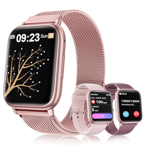 Loekneue New Smartwatch Damen mit Telefonfunktion Bluetooth 1.83" Tocuh Uhr mit Menstruationszyklus Schlafüberwachung SpO2 Pulsuhr IP68 Fitness-Überwachung Schrittzähler Android IOS (Pink Gold) von Loekneue