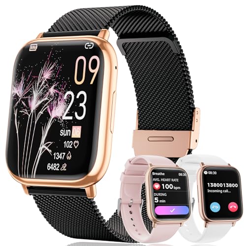 Loekneue Smartwatch Damen mit Telefonfunktion Bluetooth 1.83" Tocuh Uhr mit Menstruationszyklus SpO2 Schlafüberwachung Pulsuhr IP68 Fitness-Überwachung Schrittzähler Android IOS (Black Gold) von Loekneue
