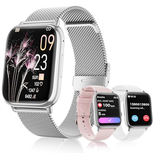 Loekneue Smartwatch Damen mit Telefonfunktion Bluetooth 1.83" Tocuh Uhr mit Menstruationszyklus SpO2 Schlafüberwachung Pulsuhr IP68 Fitness-Überwachung Schrittzähler Android IOS (Silber) von Loekneue